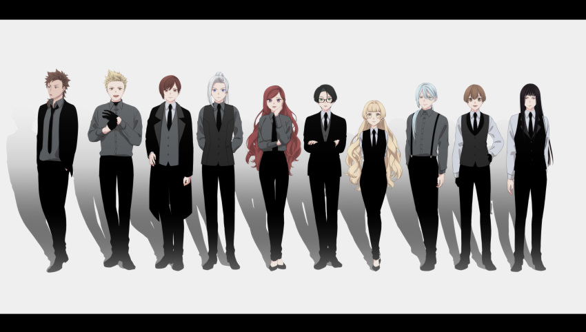 2girls, 6+boys, :d, absurdres, adjusting_clothes, adjusting_gloves, akisumi, arm_at_side