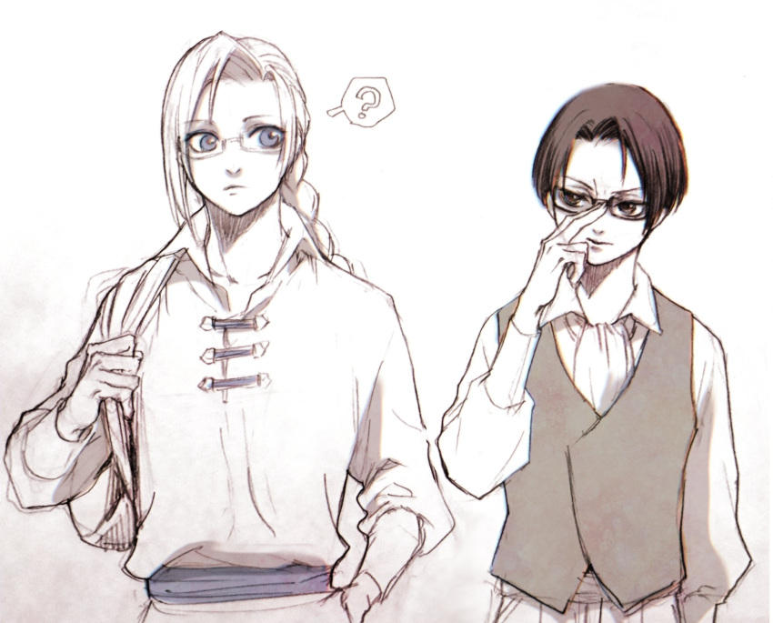 2boys, ?, adjusting_eyewear, arm_at_side, arthur_beresford, ascot, bag, bangs