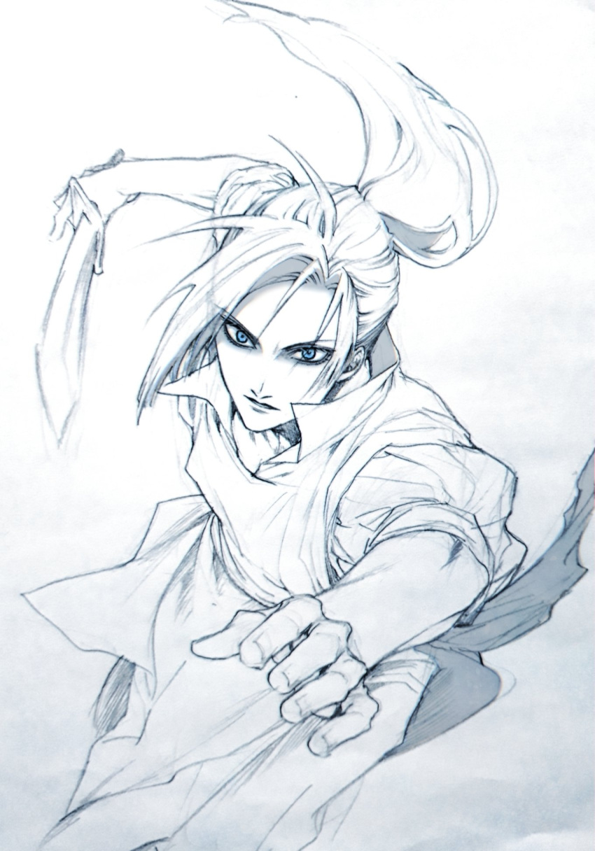 1boy, aiming_at_viewer, arms_up, arthur_beresford, attack, blue_eyes, csanaca, floating_hair