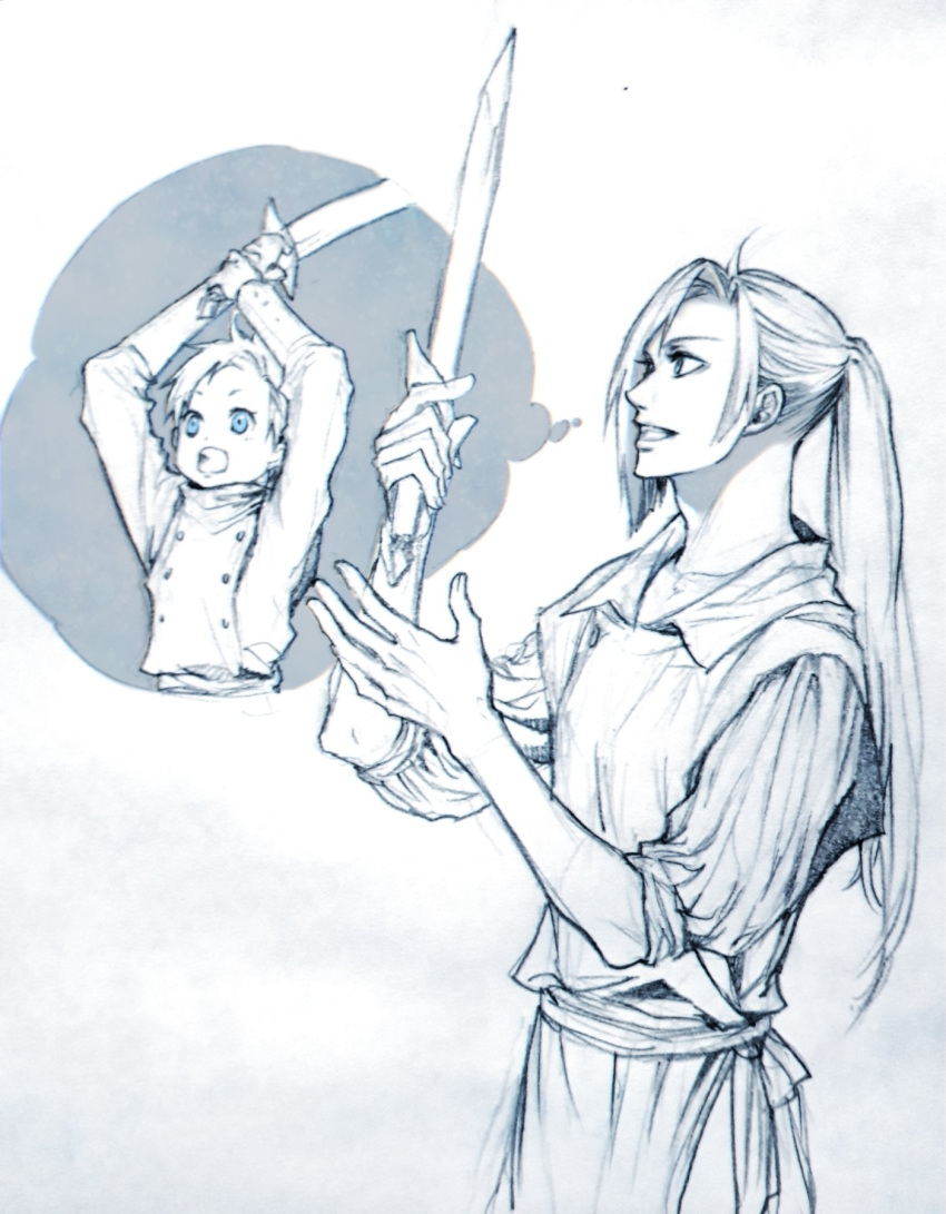 1boy, age_comparison, arms_up, arthur_beresford, asymmetrical_hair, blue_eyes, buttons, child