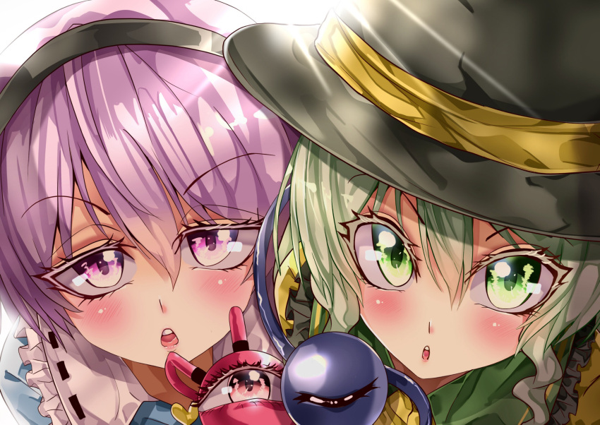 2girls, backlighting, black_hairband, black_headwear, blush, close-up, commentary_request, eyeball