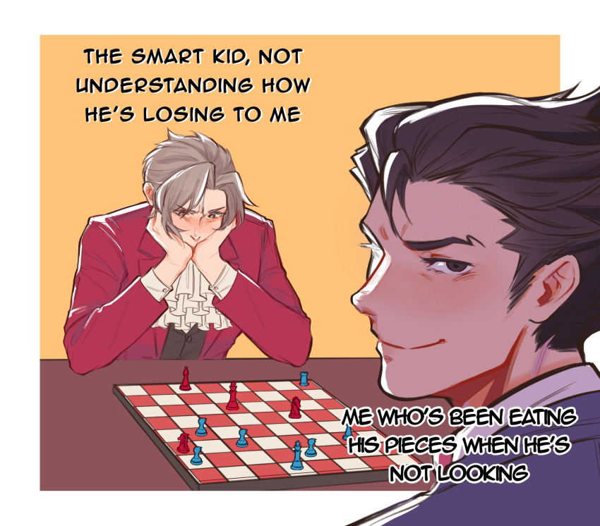 ace_attorney, ascot, black_eyes, black_hair, board_game, border, chess, chess_piece