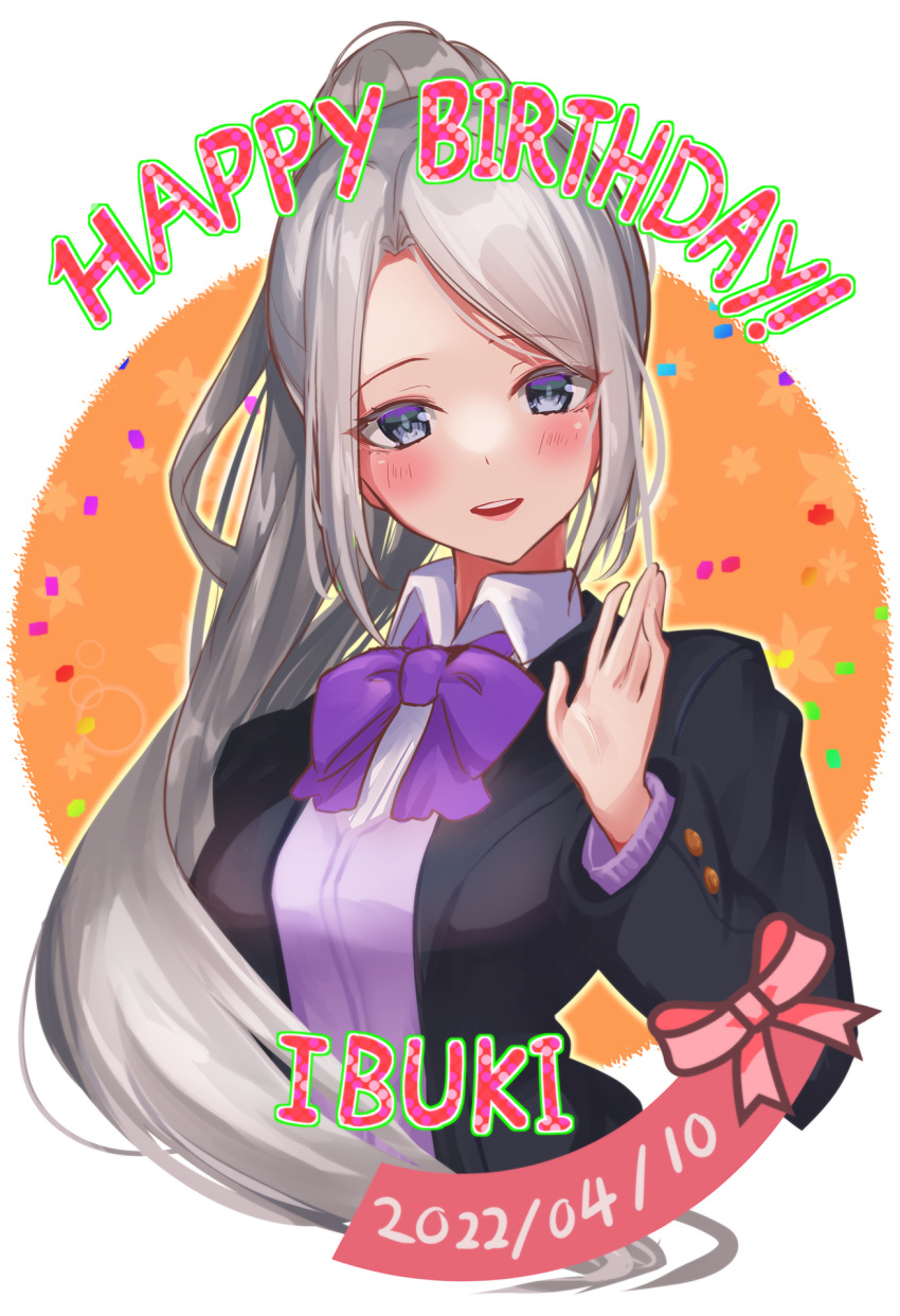 1girl, bangs, black_jacket, blazer, blush, bow, breasts, collared_shirt