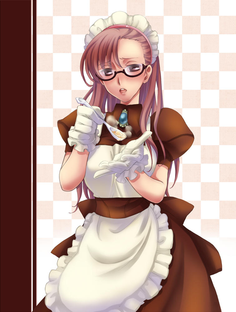 1girl, apron, asymmetrical_hair, bangs, blush, breasts, brown-framed_eyewear, brown_dress