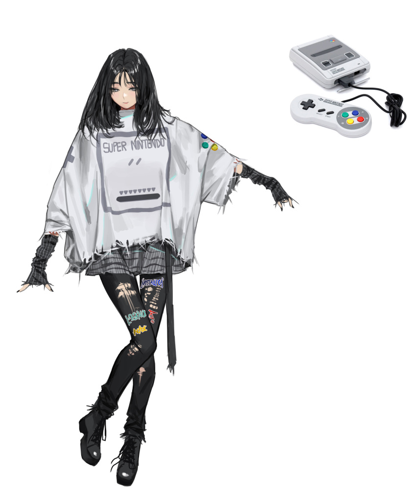 1girl, absurdres, black_footwear, black_hairband, black_nails, closed_mouth, controller, english_commentary, eyebrows_behind_hair, fingerless_gloves, full_body, game_console, gloves, grey_eyes, grey_skirt, hairband, highres, looking_at_viewer, medium_hair, nail_polish, nauj_k, nintendo, oversized_clothes, oversized_shirt, pantyhose, personification, print_legwear, print_shirt, reference_inset, shirt, skirt, solo, striped, striped_skirt, super_nintendo, torn_clothes, torn_legwear, white_background, white_shirt