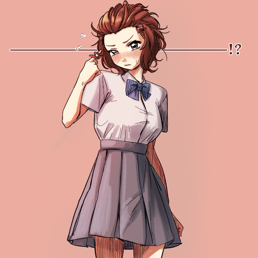 1girl, blush, breasts, cowboy_shot, flying_sweatdrops, forehead, hair_slicked_back, high-waist_skirt