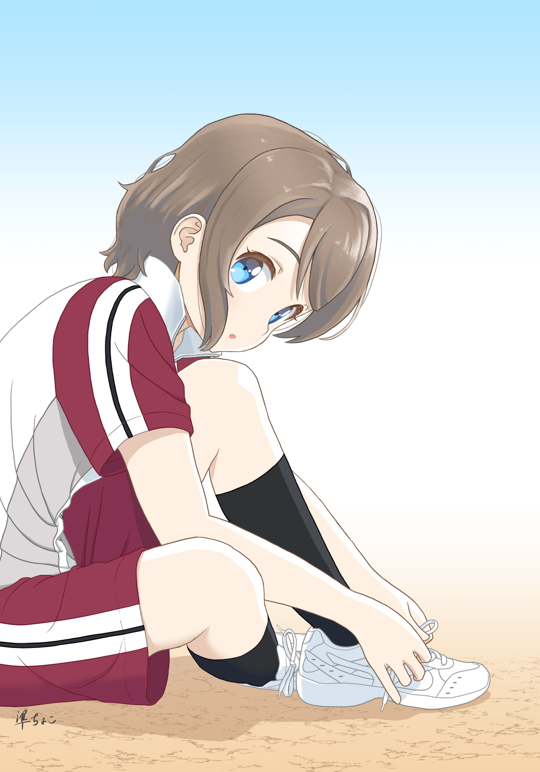 1girl, artist_name, black_legwear, blue_background, blue_eyes, brown_hair, commentary, eyebrows_behind_hair