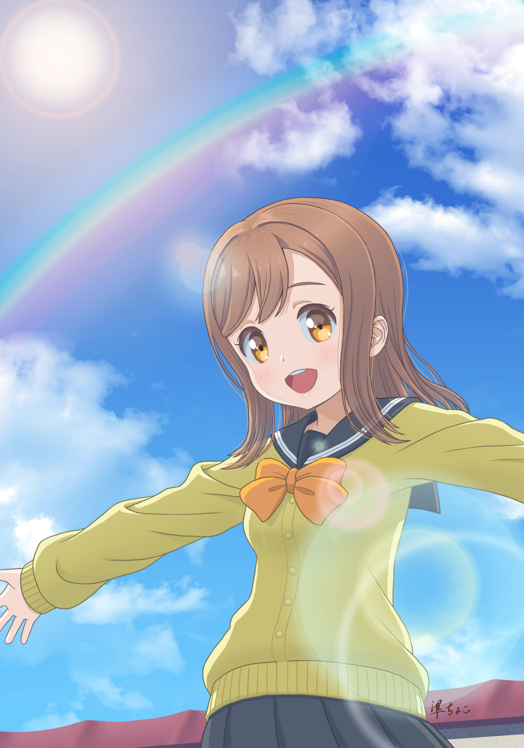1girl, :d, artist_name, blue_sky, bow, brown_hair, cardigan, clouds
