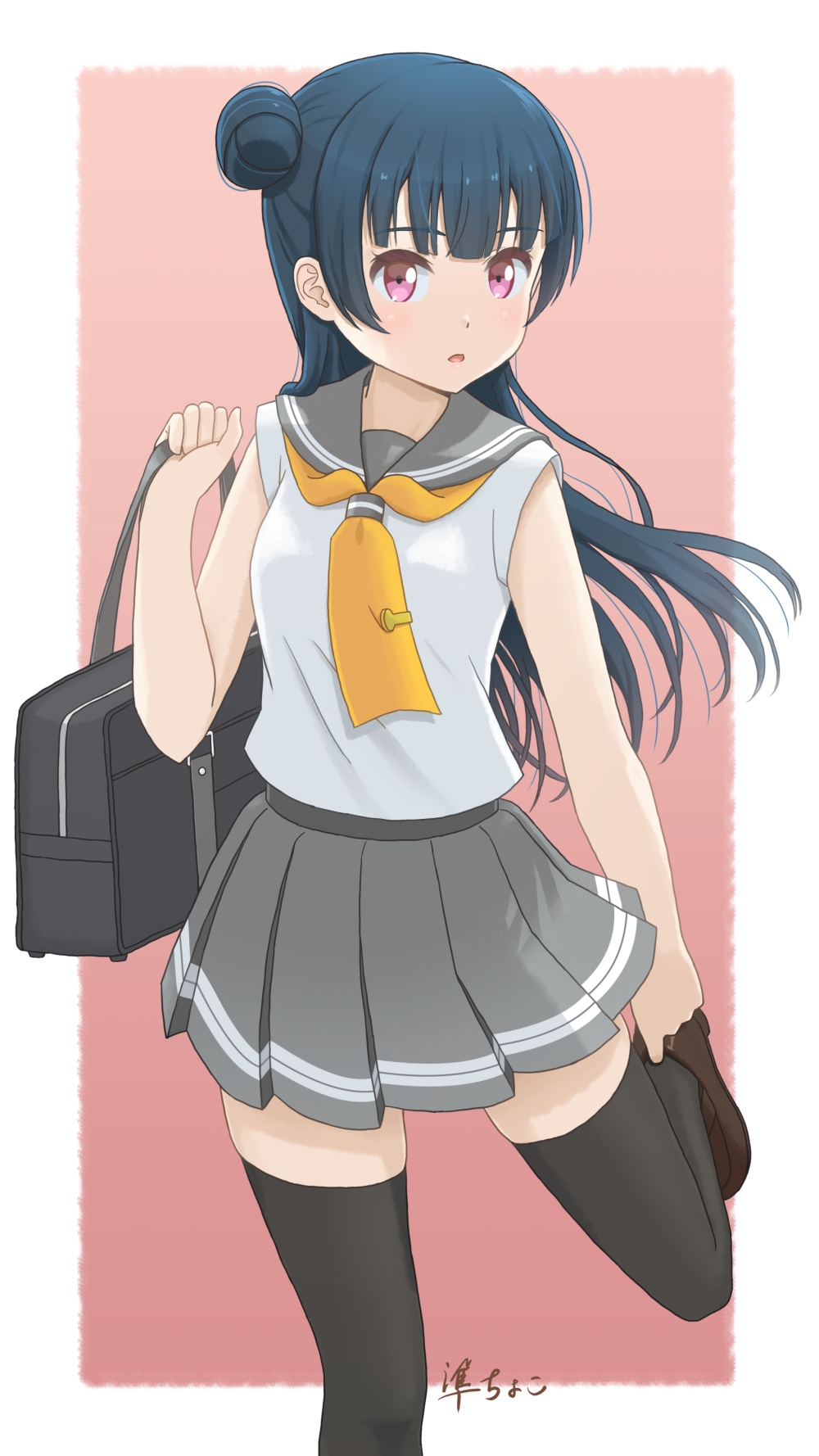 1girl, adjusting_footwear, artist_name, bag, black_legwear, blue_hair, border, brown_footwear