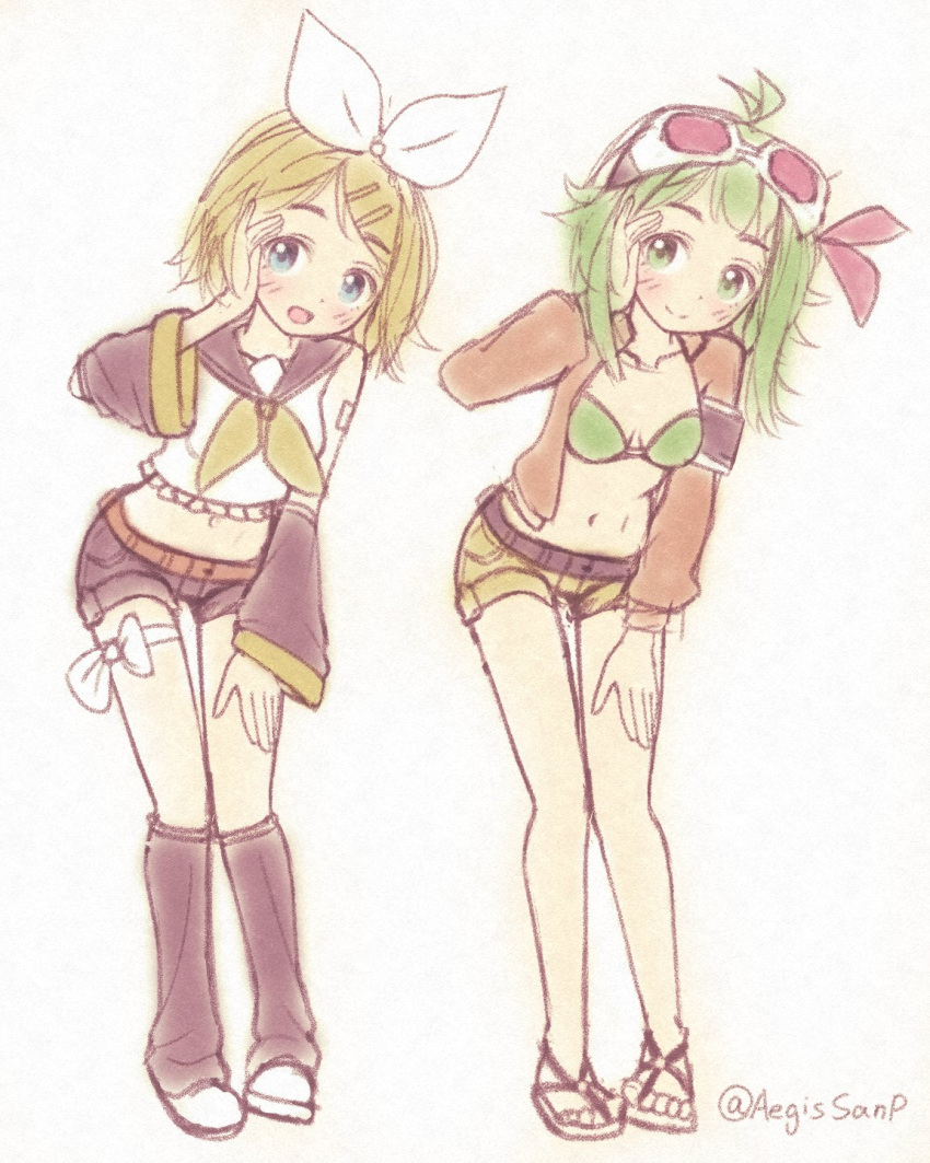 2girls, aegissanp, armband, bare_shoulders, black_shorts, blonde_hair, blue_eyes, bow, collarbone, detached_sleeves, eyewear_on_head, gumi, hair_bow, hair_ornament, hair_tucking, hairclip, headset, highres, kagamine_rin, leg_ribbon, leg_warmers, megpoid_(vocaloid3), midriff, multiple_girls, navel, open_clothes, pigeon-toed, red-tinted_eyewear, ribbon, sailor_collar, sandals, shirt, shorts, shoulder_tattoo, sidelocks, sketch, sleeveless, sleeveless_shirt, sunglasses, sweatshirt, tattoo, tinted_eyewear, twitter_username, vocaloid, wavy_mouth, wide_sleeves, yellow_shorts