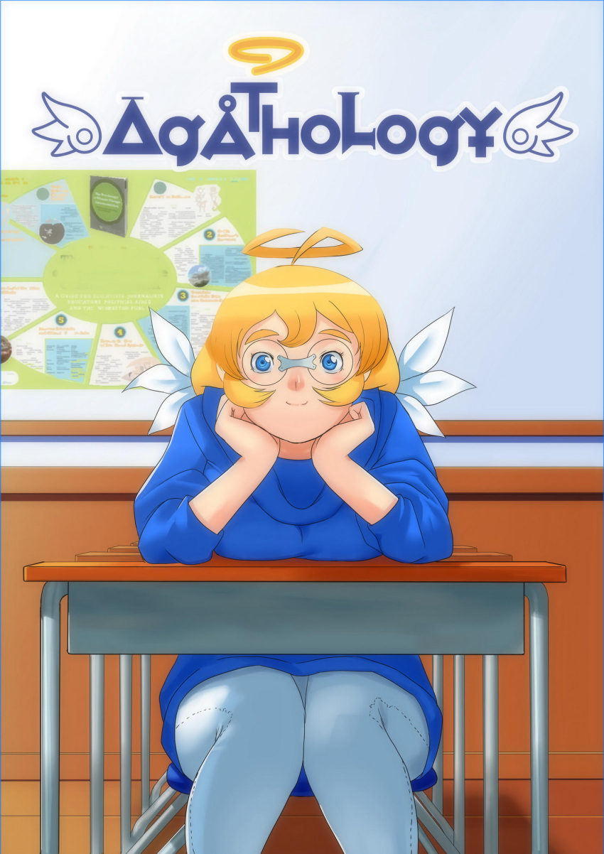 1girl, blonde_hair, blue_eyes, blue_shirt, cessa, character_request, copyright_name, copyright_request