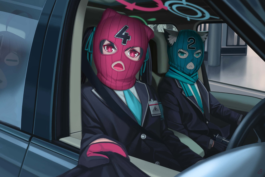 1boy, 3girls, 3v_ju, ahoge, animal_ears, balaclava, black_gloves, black_hair, blazer, blue_archive, blue_eyes, blue_scarf, blurry, bow, buttons, car, car_seat, cat_ears, clothes_pull, commentary_request, depth_of_field, glass, gloves, ground_vehicle, gun, hair_bow, halo, handgun, highres, holding, holding_gun, holding_weapon, hoshino_(blue_archive), id_card, jacket, long_hair, long_sleeves, looking_at_viewer, motor_vehicle, multiple_girls, necktie, numbered, official_alternate_costume, out_of_frame, pov, red_eyes, riding, robbery, scarf, seatbelt, sensei_(blue_archive), serika_(blue_archive), shiroko_(blue_archive), steering_wheel, twintails, two-tone_gloves, weapon, window, wolf_ears