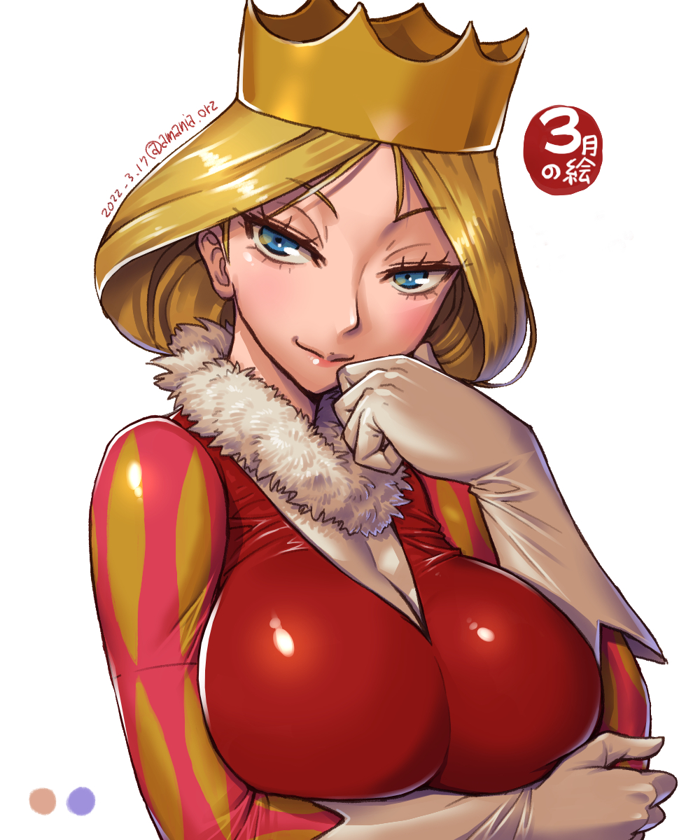 1girl, amania_orz, blonde_hair, blue_eyes, breasts, crown, dated, fur_trim