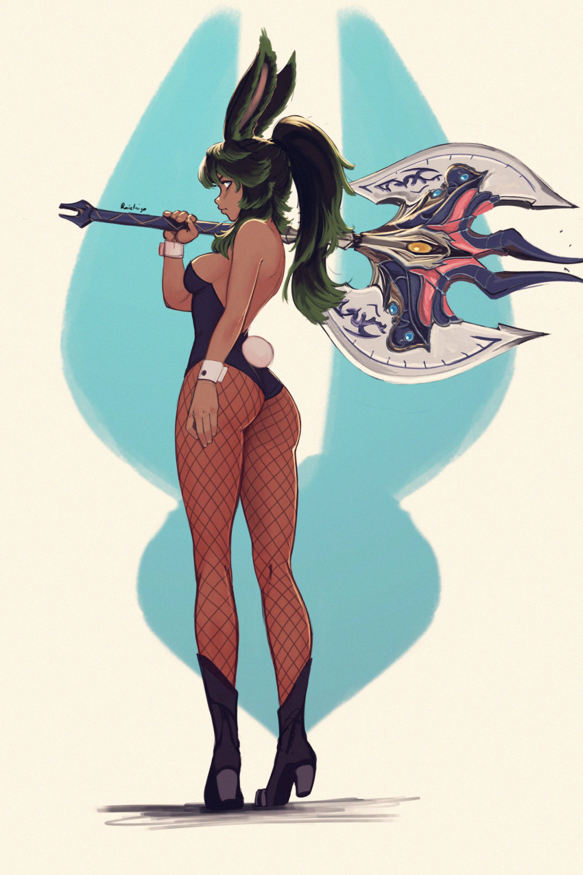 1girl, absurdres, animal_ears, ankle_boots, artist_name, ass, avatar_(ff14), axe
