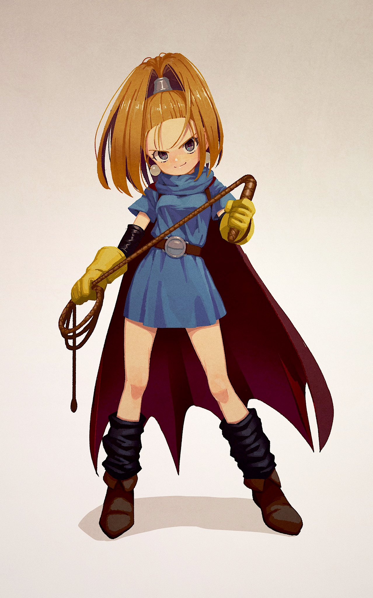 1girl, barbara_(dq6), belt, black_eyes, black_footwear, blue_dress, boots, cape