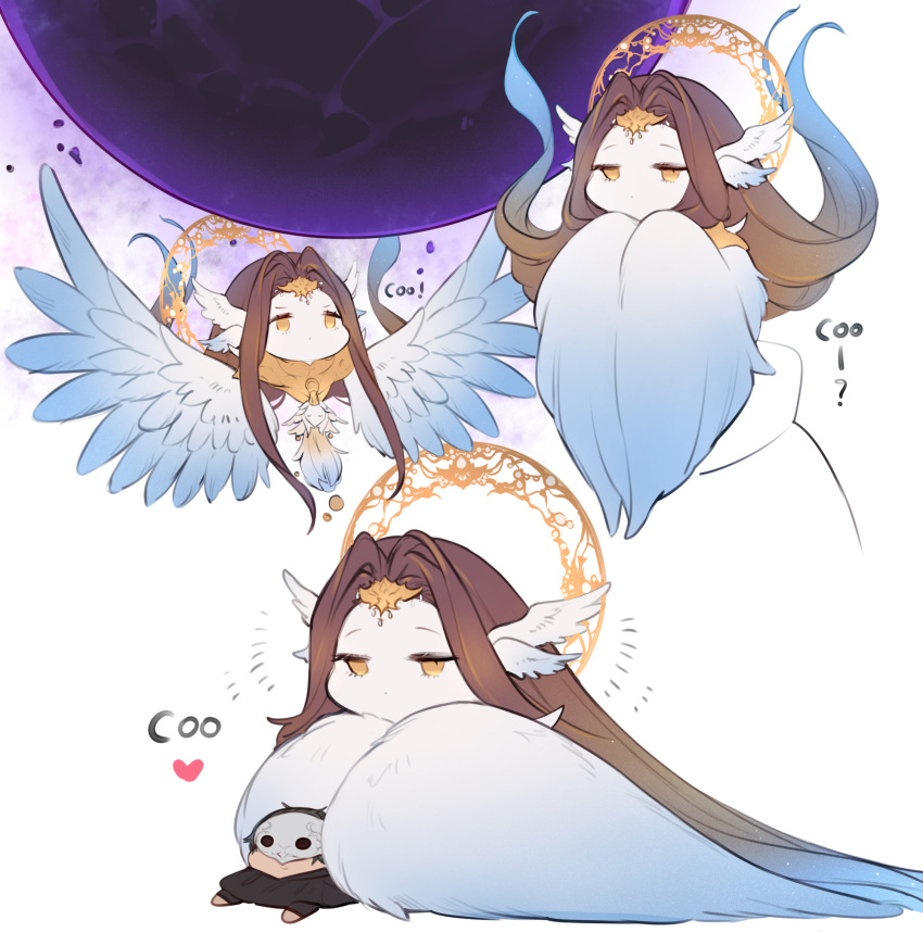 1boy, 1girl, alternate_size, bird_wings, brown_hair, chibi, circlet, commentary