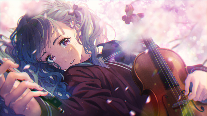 1girl, bangs, blue_hair, blush, bow, cardigan, cherry_blossoms, crying, crying_with_eyes_open, gradient_hair, hair_bow, hair_pulled_back, hand_on_own_stomach, highres, holding, holding_bow, holding_instrument, holding_pencil, instrument, kiritsuki_(crux), light_rays, light_smile, long_sleeves, looking_at_viewer, lying, medium_hair, multicolored_hair, on_back, on_ground, open_mouth, original, pencil, purple_hair, school_uniform, serafuku, short_twintails, sleeves_past_wrists, solo, sweater, tearing_up, tears, twintails, two-tone_hair, violet_eyes, violin, wavy_hair