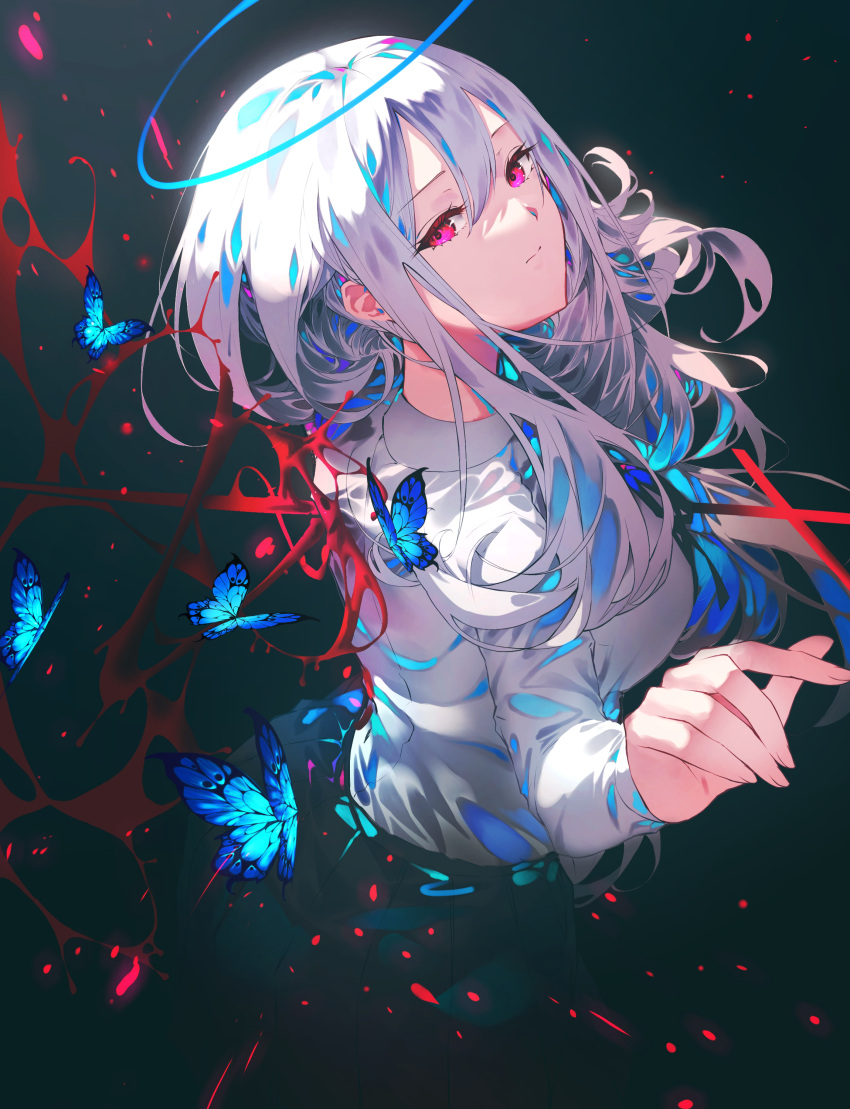 1girl, absurdres, angel, angel_wings, bangs, black_skirt, blood, blood_wings