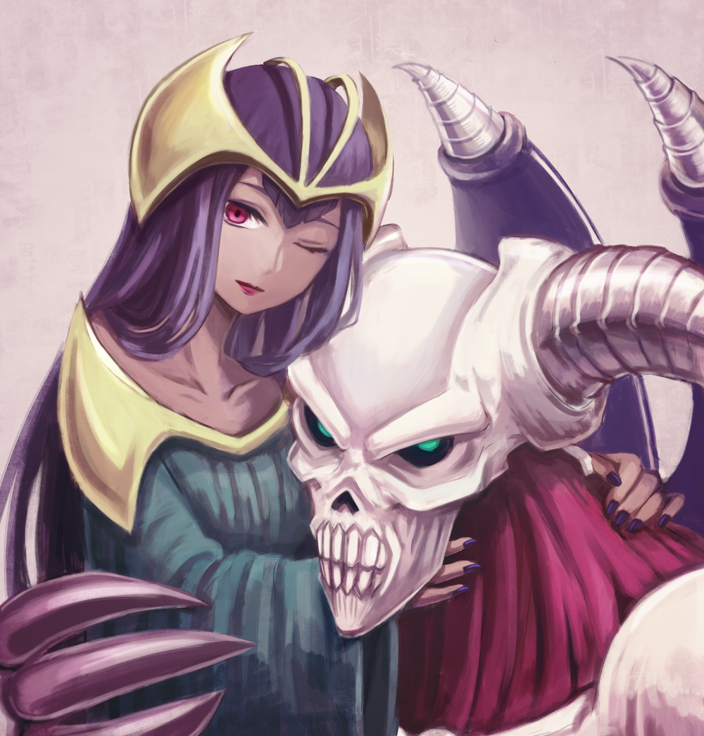 1boy, 1girl, bangs, black_hair, blue_nails, collarbone, dark_elf_(yu-gi-oh!), duel_monster