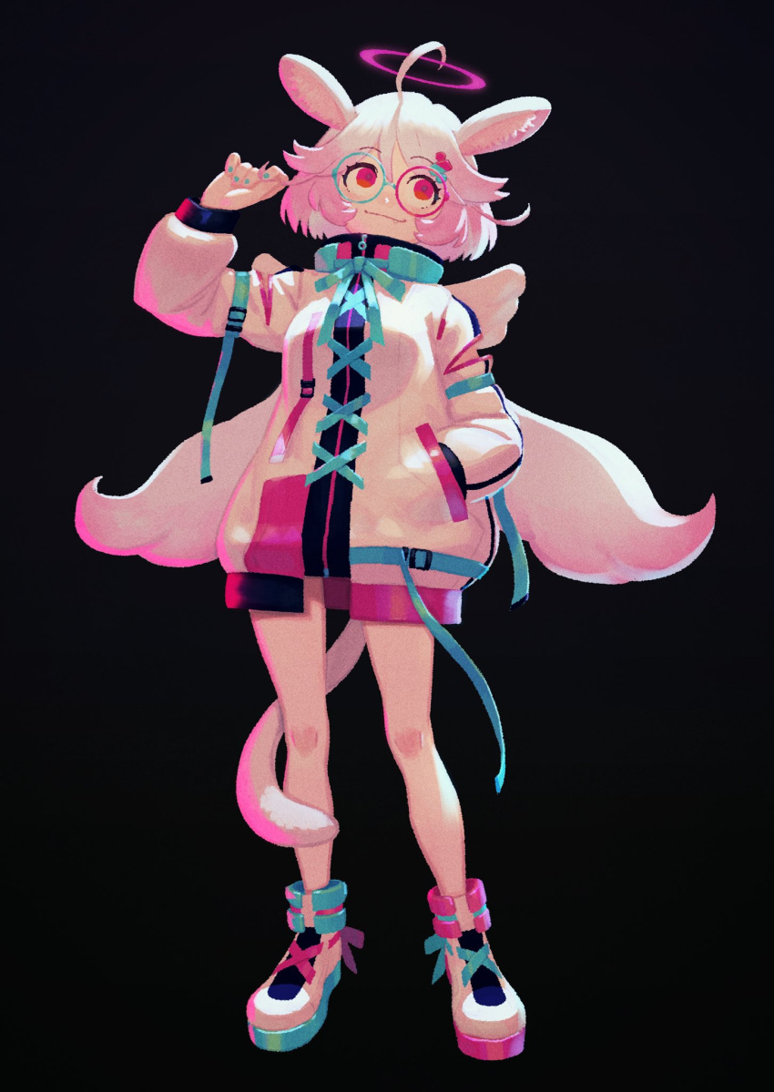 1girl, ahoge, animal_ears, aqua-framed_eyewear, aqua_nails, asymmetrical_eyewear, asymmetrical_footwear, black_background, commentary_request, full_body, gyaraco_(show_by_rock!!), halo, hand_in_pocket, highres, kunitarou-art, medium_hair, pink-framed_eyewear, red_eyes, round_eyewear, shoes, show_by_rock!!, simple_background, smile, solo, standing, tail, white_hair, wings