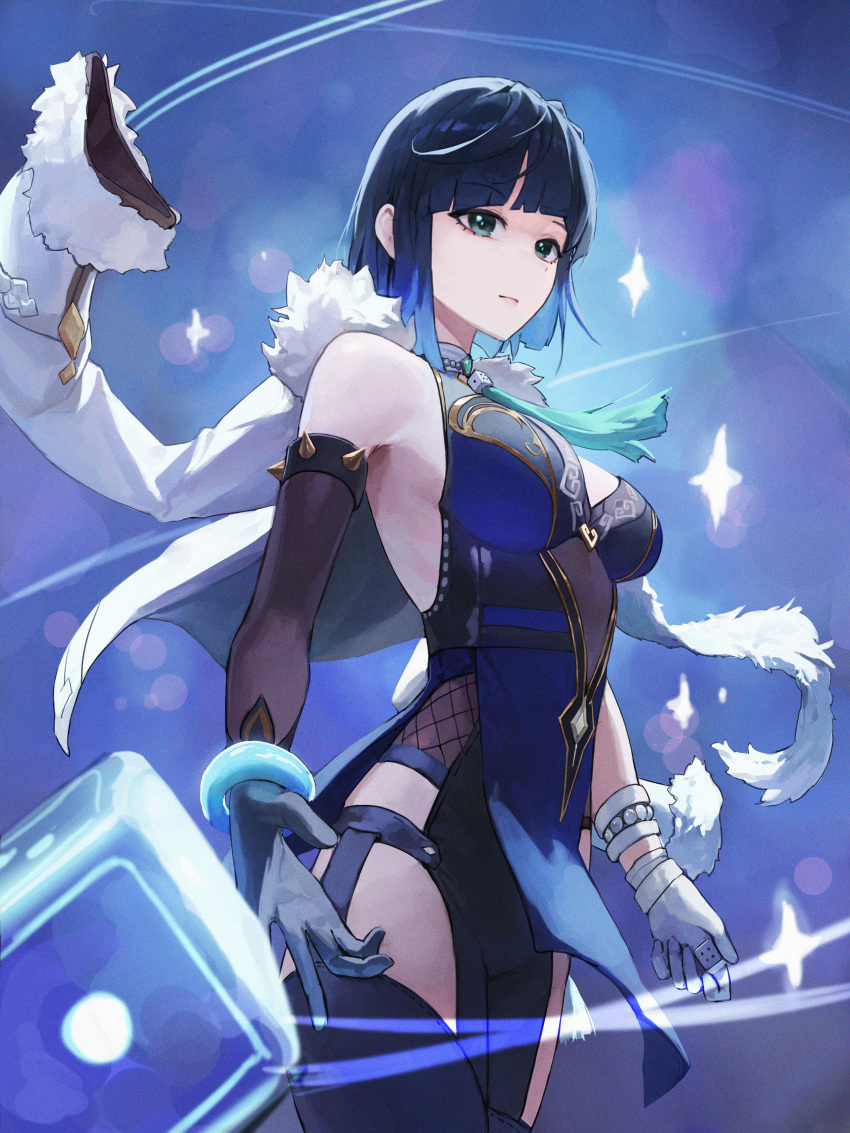 1girl, absurdres, armpit_peek, asymmetrical_gloves, bangs, bare_shoulders, black_gloves, black_hair, blue_background, blue_hair, bob_cut, bracelet, breasts, closed_mouth, commentary, cowboy_shot, diagonal_bangs, dice, dress, elbow_gloves, eyebrows_visible_through_hair, fishnets, floating, floating_object, fur-trimmed_jacket, fur_trim, genshin_impact, gloves, green_eyes, highres, holding, holding_dice, jacket, jacket_on_shoulders, jewelry, large_breasts, looking_to_the_side, mac_star, mismatched_gloves, multicolored_hair, short_hair, side_slit, sleeveless, sleeveless_dress, solo, standing, star_(symbol), tassel, thigh-highs, two-tone_hair, white_gloves, white_jacket, yelan_(genshin_impact)