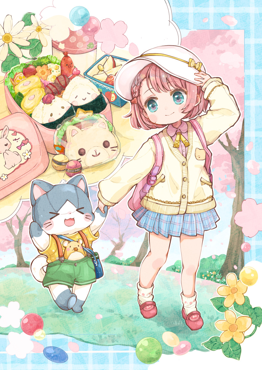 >_<, 1girl, :3, absurdres, ankle_socks, apple, arm_up, backpack