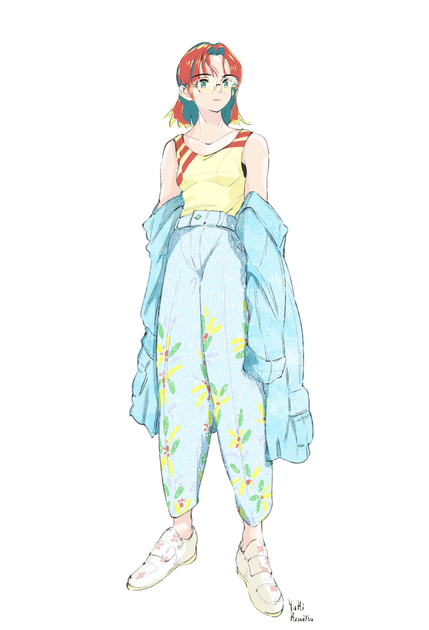 1girl, aqua_jacket, aqua_pants, artist_name, bangs, eyebrows_visible_through_hair, glasses, highres, jacket, kawatsu_yuuki, medium_hair, original, pants, print_pants, redhead, round_eyewear, shoes, simple_background, smile, solo, tank_top, white_background, white_footwear