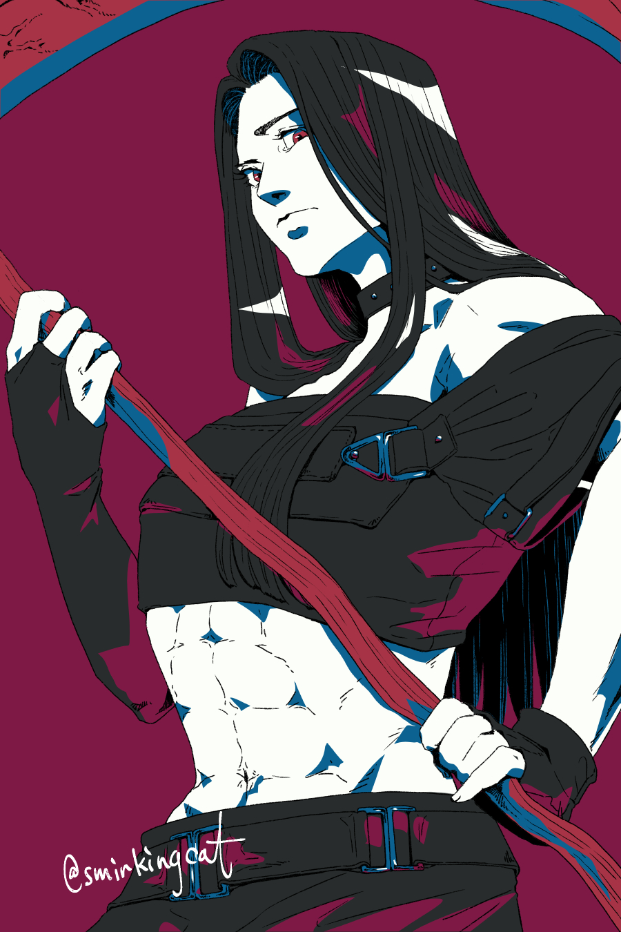 1other, abs, androgynous, bare_shoulders, black_choker, black_hair, blood, choker