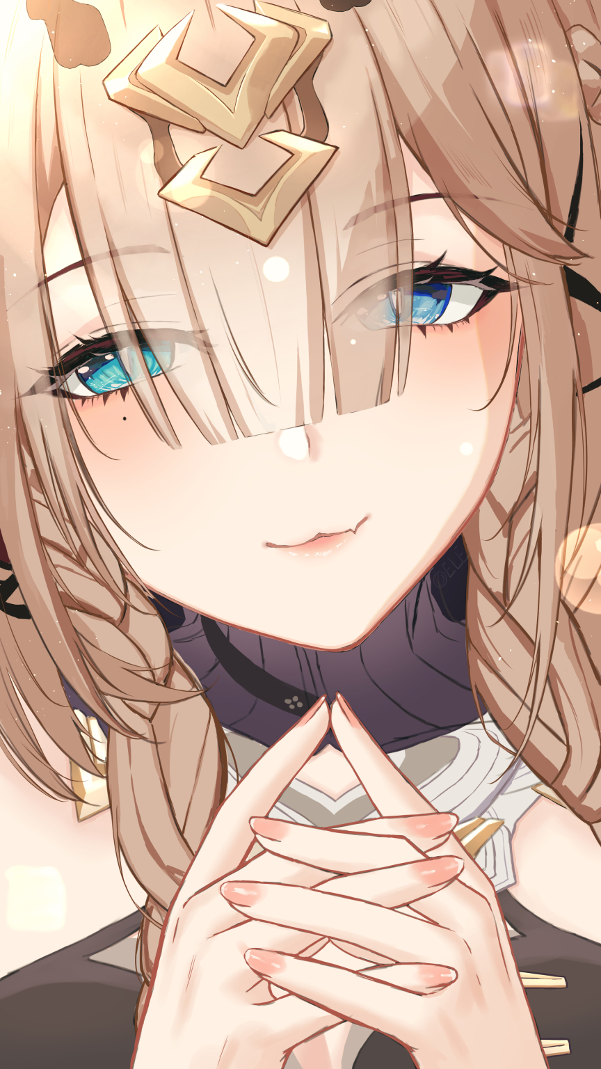 1girl, bangs, blue_eyes, blush, braid, brown_hair, closed_mouth, eleaaa