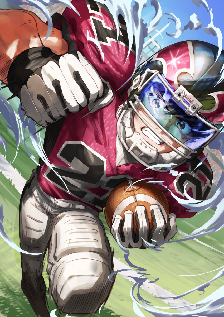 1boy, absurdres, american_football, american_football_(object), american_football_uniform, ball, black_gloves, black_hair, clenched_hand, eyeshield_21, gloves, grass, helmet, highres, holding, holding_ball, kobayakawa_sena, male_focus, nemoto_yuuma, pants, red_shirt, running, shirt, sky, smoke, solo, sportswear, visor, white_pants