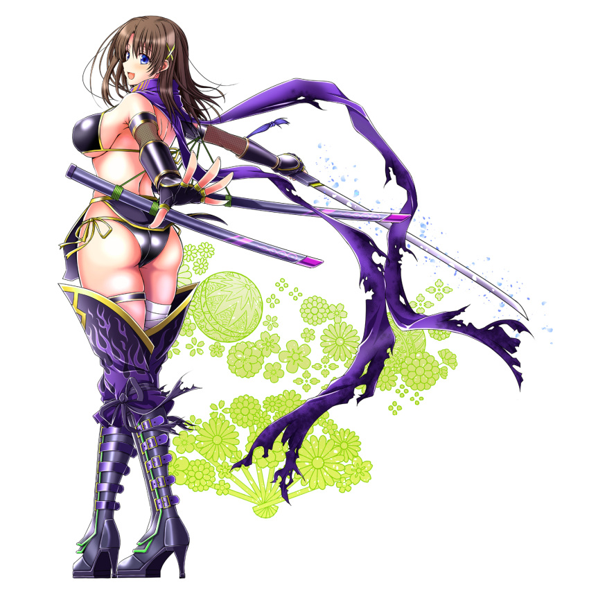1girl, armor, ass, bikini, bikini_armor, black_bikini, blue_eyes, boots, breasts, brown_hair, from_behind, hair_ornament, highres, katana, kiriya_(aprikose_0312), large_breasts, looking_at_viewer, looking_back, lyrical_nanoha, mahou_shoujo_lyrical_nanoha_strikers, medium_hair, pauldrons, revealing_clothes, scarf, sheath, shiny, shiny_hair, shiny_skin, shoulder_armor, side-tie_bikini, skindentation, solo, standing, swimsuit, sword, under_boob, vambraces, weapon, x_hair_ornament, yagami_hayate