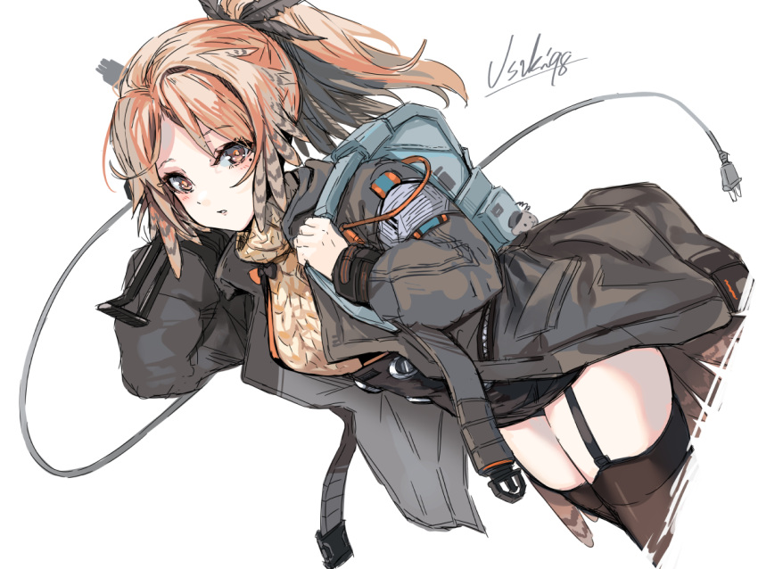 1girl, arknights, black_legwear, commentary_request, eyebrows_visible_through_hair, feather_hair, garter_straps, jacket