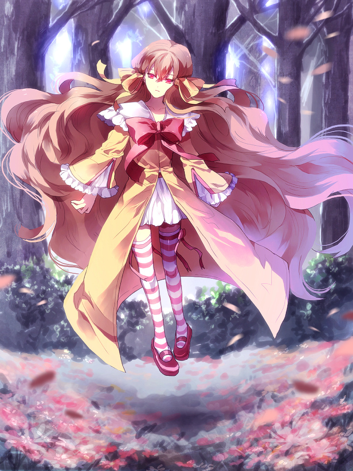 1girl, absurdly_long_hair, brown_hair, donna_(hoshi_wo_miru_hito), dress, frilled_sleeves, frills, hair_ribbon, hoshi_wo_miru_hito, long_hair, long_sleeves, orange_dress, red_eyes, ribbon, solo, striped, striped_legwear, sunakumo, very_long_hair, wide_sleeves