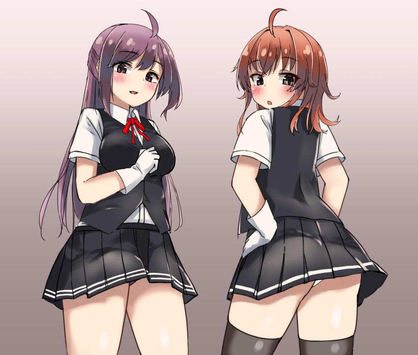 2girls, ahoge, arashi_(kancolle), black_legwear, black_skirt, black_vest, blush, breasts