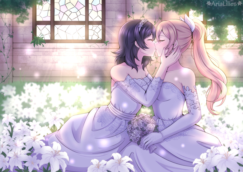 2girls, absurdres, artist_name, bare_shoulders, black_hair, blonde_hair, breasts, closed_eyes, collarbone, commentary, dress, elbow_gloves, english_commentary, flower, from_side, gloves, hand_on_another's_face, highres, kiss, lewdlilies, lily_(flower), medium_hair, menou_(virgin_road), multiple_girls, ponytail, shokei_shoujo_no_virgin_road, sitting, small_breasts, strapless, strapless_dress, sunlight, tokitou_akari, wedding_dress, white_dress, white_gloves, wife_and_wife, window, yuri