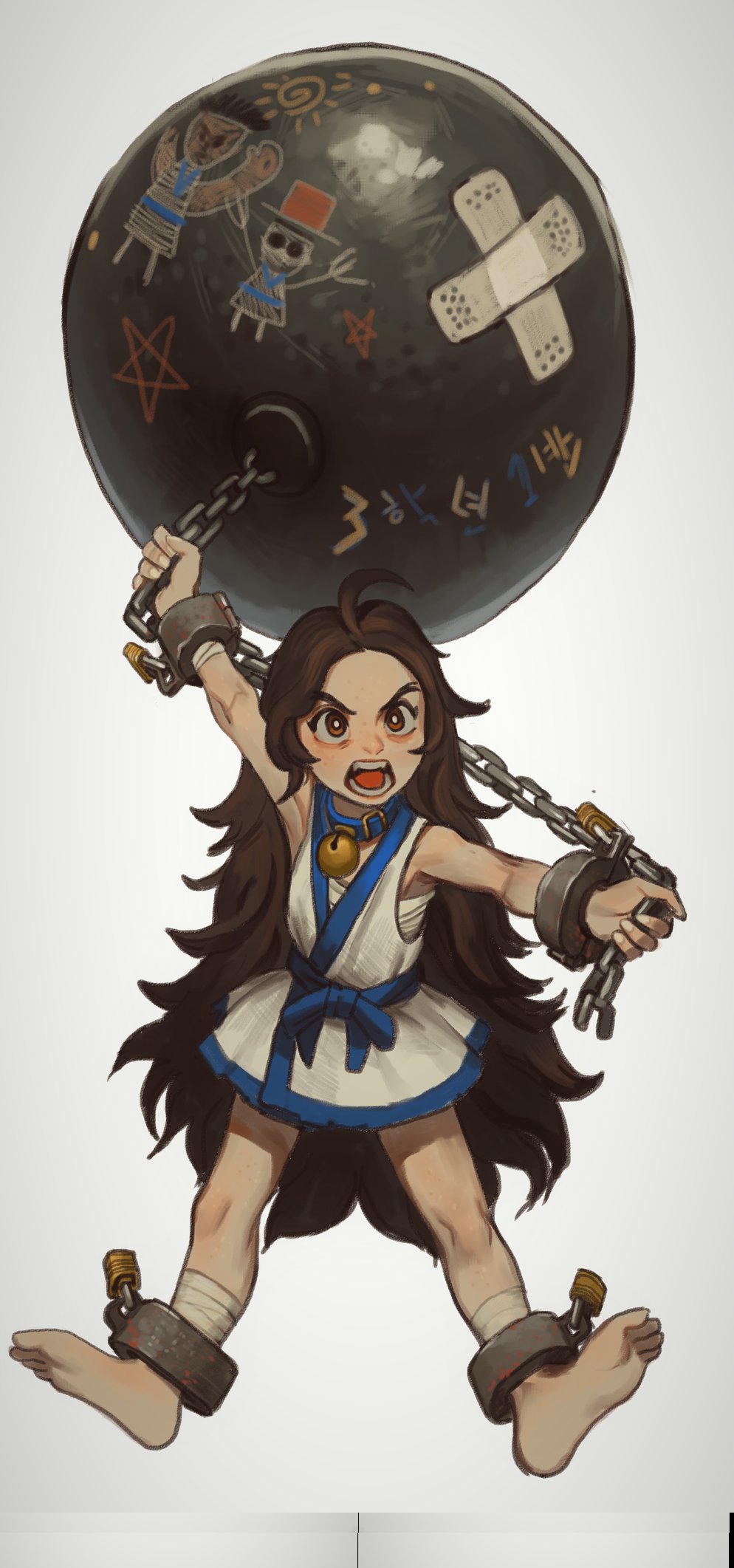 1girl, ahoge, ankle_cuffs, ball_and_chain_(weapon), barefoot, bell, belt_collar, bright_pupils, brown_eyes, brown_hair, chang_koehan, chest_sarashi, child, child_drawing, collar, crossed_bandaids, highres, holding, holding_weapon, huge_weapon, jingle_bell, jumping, long_hair, mossacannibalis, neck_bell, open_mouth, pretty_chang, sarashi, simple_background, solo, the_king_of_fighters, the_king_of_fighters_all-stars, very_long_hair, weapon, white_background, white_pupils