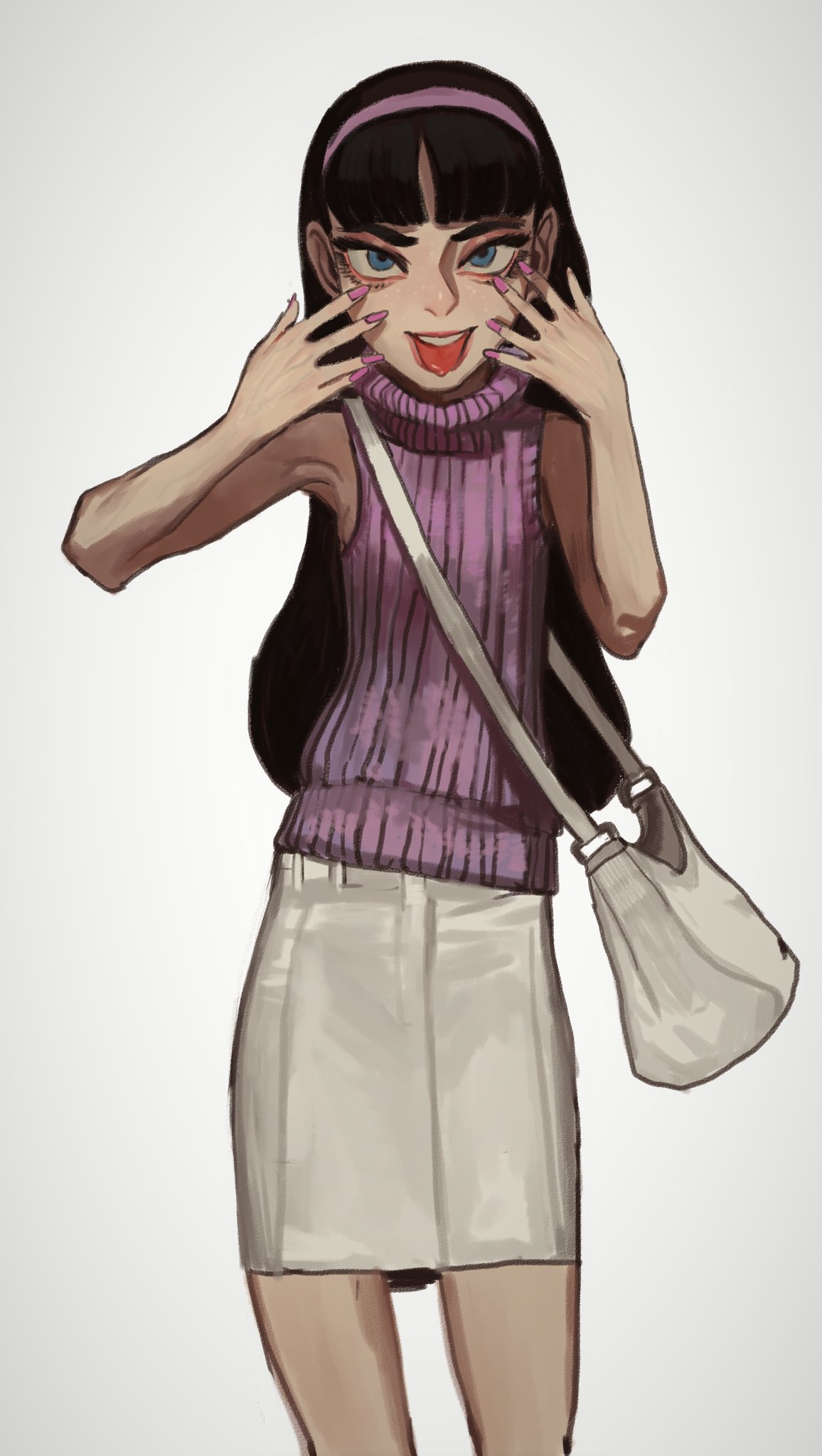 1girl, :p, bag, black_hair, blue_eyes, cowboy_shot, fingernails, hands_up