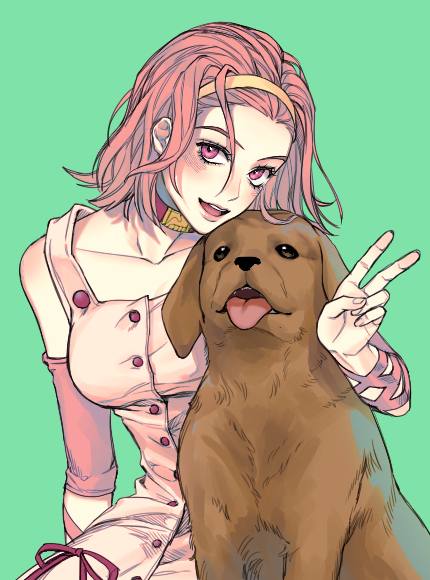 1girl, arm_warmers, arnold_(jojo), bare_shoulders, choker, diamond_wa_kudakenai, dog, dress
