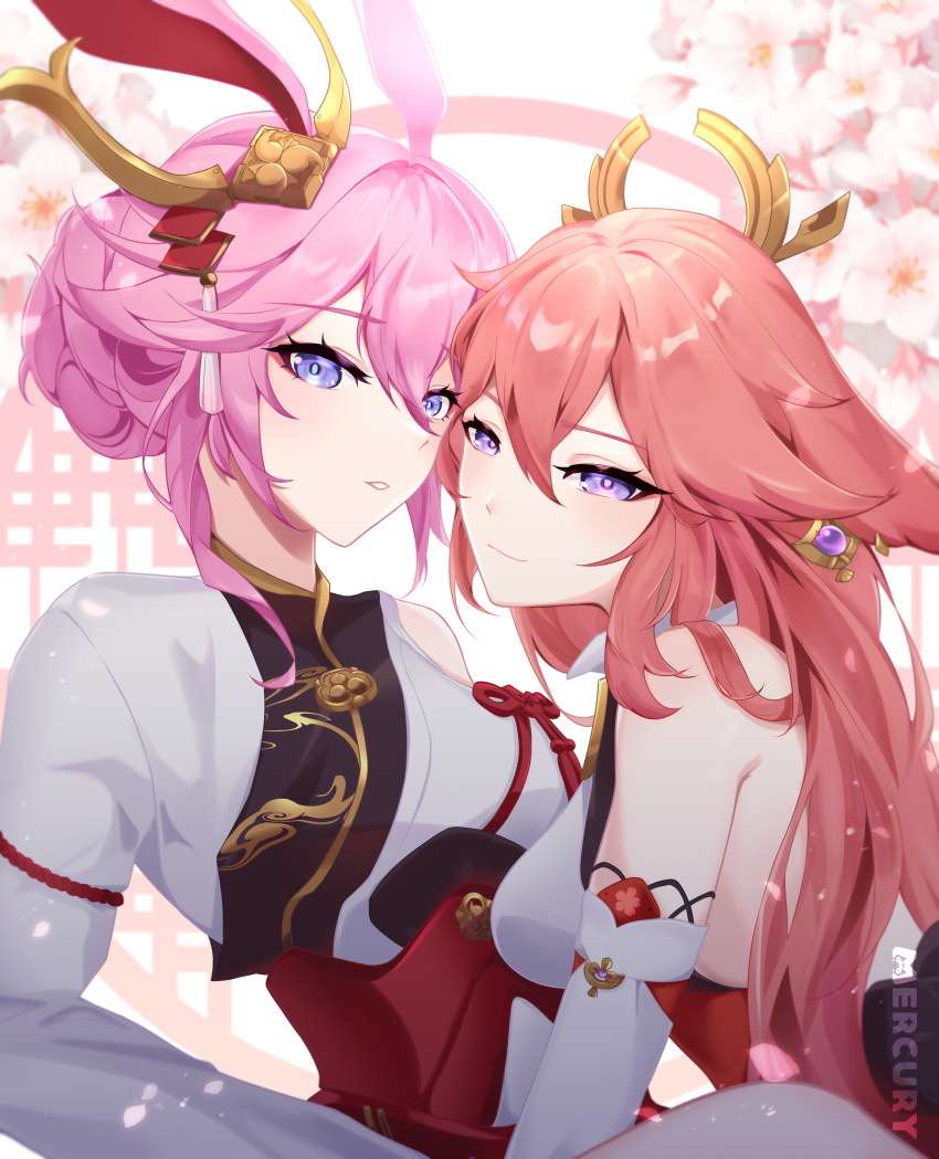 2girls, absurdres, animal_ears, armor, bangs, bare_shoulders, cherry_blossoms, closed_mouth, company_connection, crossover, earrings, fox_ears, genshin_impact, hair_bun, hair_ornament, highres, honkai_(series), honkai_impact_3rd, japanese_armor, japanese_clothes, jewelry, long_hair, looking_at_viewer, mercury_jc, mihoyo_technology_(shanghai)_co._ltd., miko, multiple_girls, namesake, open_mouth, pink_hair, sakura_ayane, smile, trait_connection, violet_eyes, voice_actor_connection, white_sleeves, yae_miko, yae_sakura, yae_sakura_(flame_sakitama)