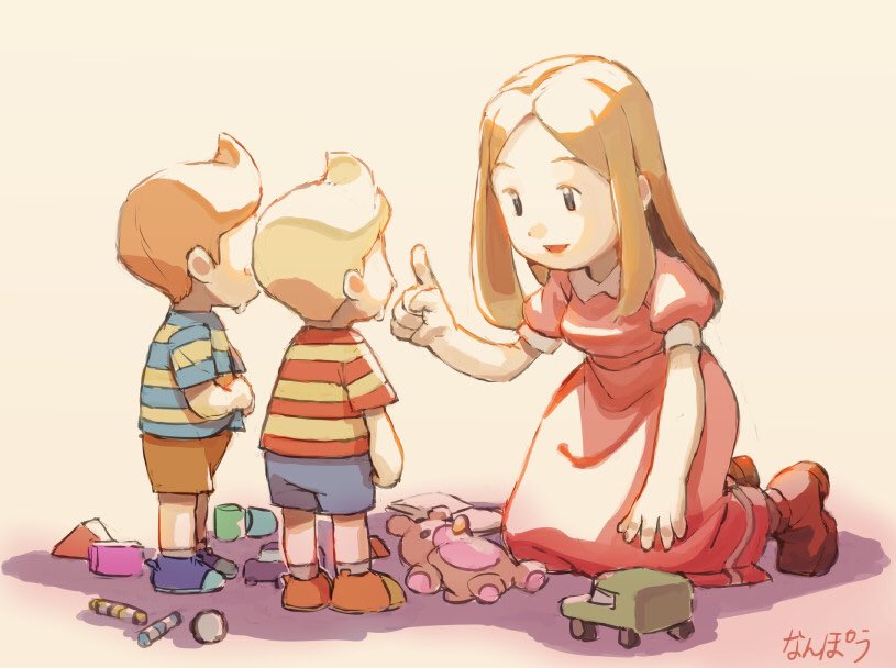 1girl, 2boys, blonde_hair, breasts, brown_hair, claus_(mother_3), dress, hinawa, long_hair, lucas_(mother_3), mother_(game), mother_3, multiple_boys, nanpou_(nanpou0021), open_mouth, shirt, simple_background, smile, striped, striped_shirt, stuffed_animal, stuffed_toy, teddy_bear, toy