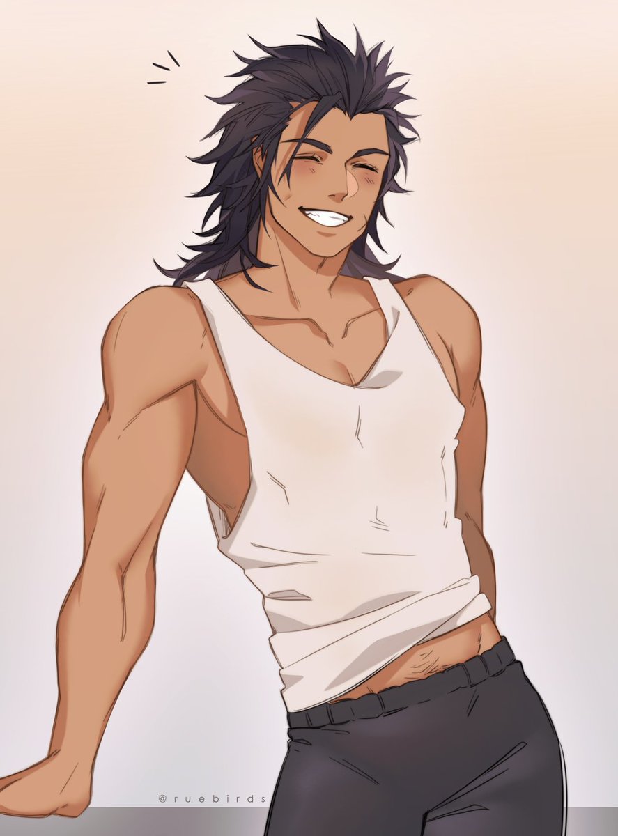 1boy, bare_arms, black_hair, blush, closed_eyes, collarbone, final_fantasy, final_fantasy_vii