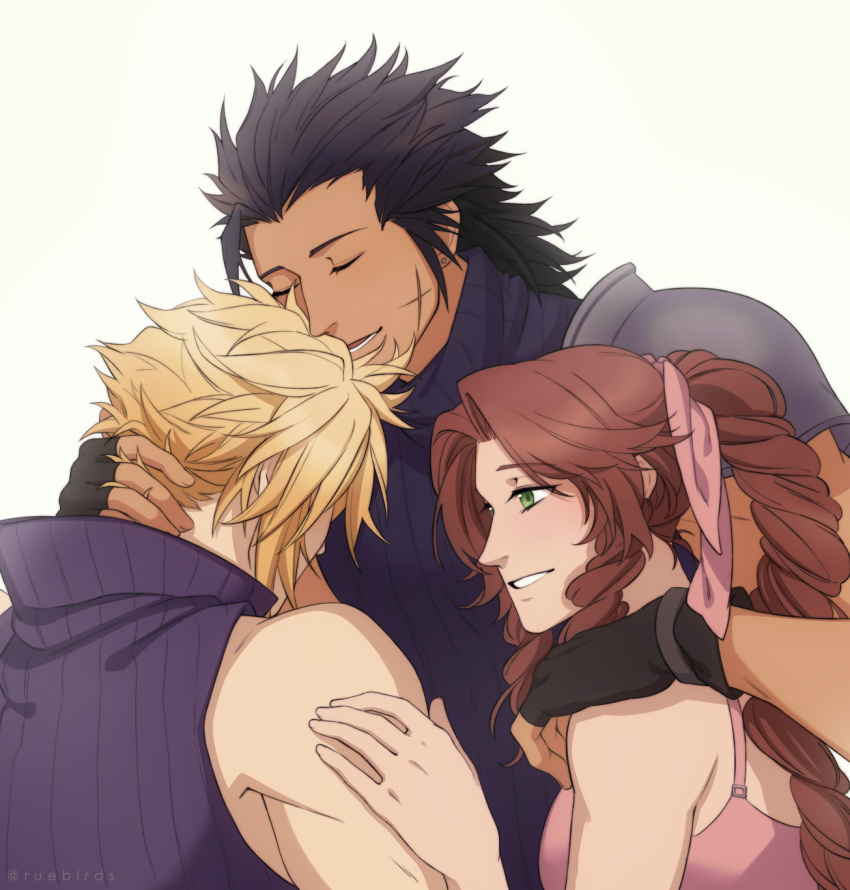 1girl, 2boys, aerith_gainsborough, arm_around_shoulder, armor, bangs, black_hair, blonde_hair