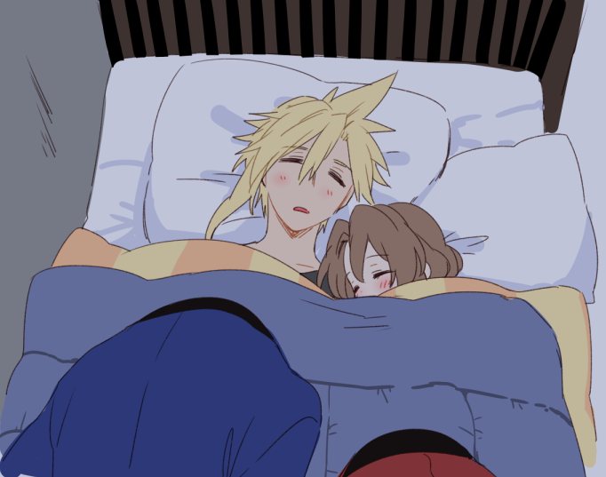 1boy, 1girl, aerith_gainsborough, asymmetrical_hair, bangs, bed, blanket, blonde_hair, blush, brown_hair, closed_eyes, cloud_strife, comforter, couple, covered_mouth, final_fantasy, final_fantasy_vii, grey_shirt, hair_down, krudears, parted_bangs, pillow, shirt, sleeping, spiky_hair, under_covers