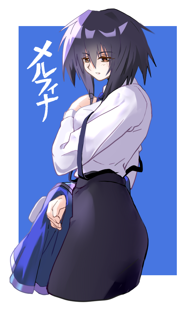 1girl, ass, black_hair, breasts, brown_eyes, collared_shirt, long_hair, looking_at_viewer
