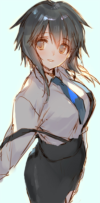 1girl, black_hair, breasts, brown_eyes, collared_shirt, honjou_tatami, long_hair, looking_at_viewer
