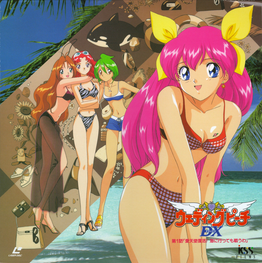 1990s_(style), 4girls, ai_tenshi_densetsu_wedding_peach, animal_print, bangs, beach, bikini, black_sarong