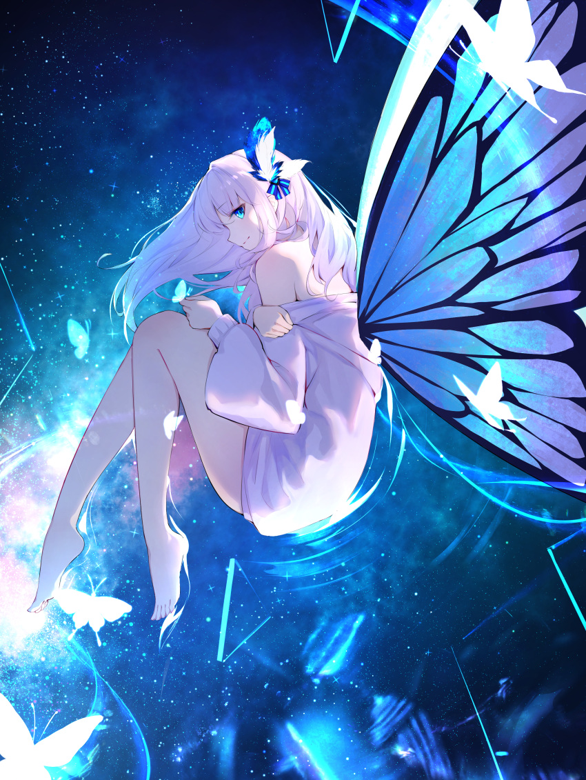 1girl, absurdres, bangs, bare_legs, bare_shoulders, barefoot, blue_eyes, blue_sky