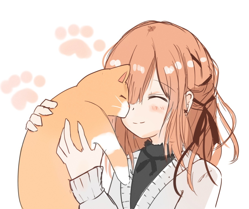 1girl, animal, bangs, blush, cardigan, cat, closed_eyes, eyebrows_visible_through_hair