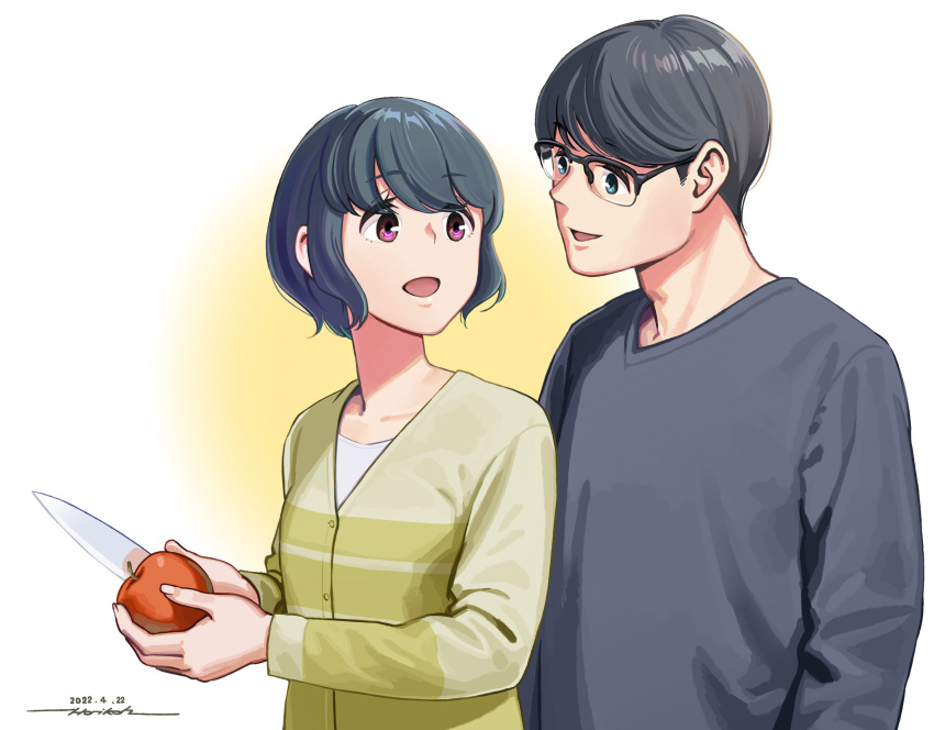 1boy, 1girl, :d, absurdres, apple, black_hair, blue_eyes, dated