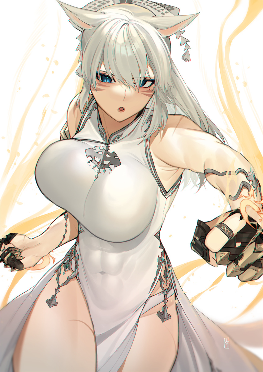 1girl, :o, abs, absurdres, animal_ears, armpits, avatar_(ff14), bangs